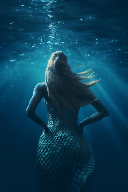 Foto sirena en un vestido azul de pie bajo el agua con la espalda a la cámara generativa ai