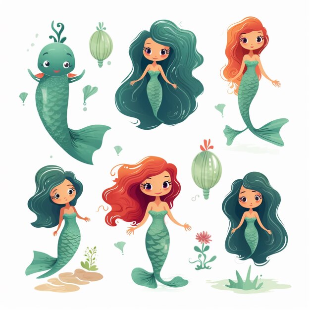 sirenas de dibujos animados con cabello largo y cabello verde están de pie en el agua generativo ai