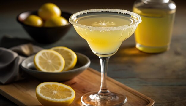 Se sirve un martini de limonada con limones y un tazón de limones.