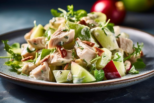 Se sirve un plato de salada de pollo Waldorf saludable