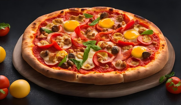 Sirviendo una deliciosa pizza con huevos de codorniz, salchicha de jamón y verduras sobre un fondo negro.