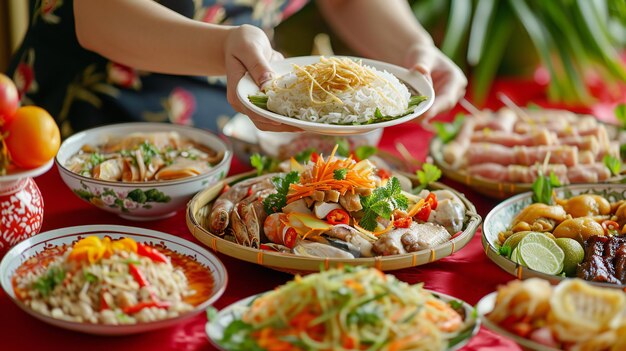 Sirviendo deliciosos platos tradicionales vietnamitas en una mesa roja