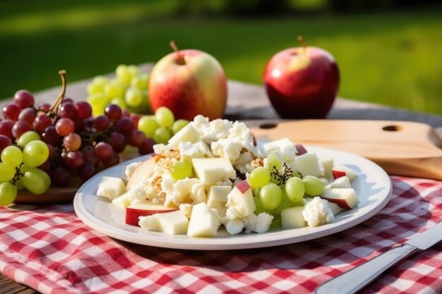 Foto sirviendo ensalada waldorf fresca en una mesa de picnic al aire libre