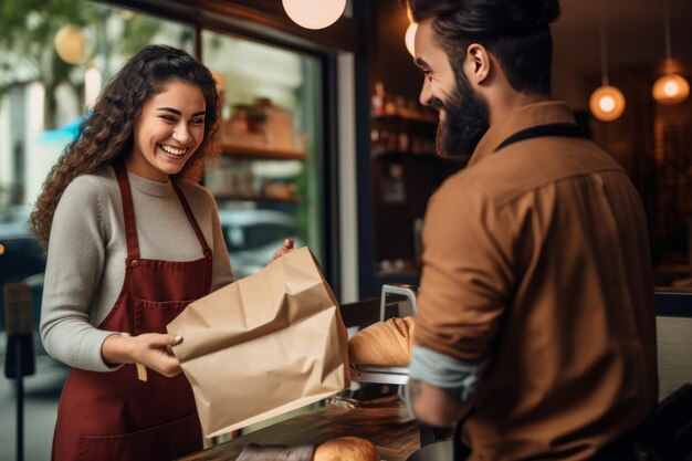 Sirviendo sonrisas cautivador barista latino delicias mensajero de entrega con pasteles frescos y térmicos