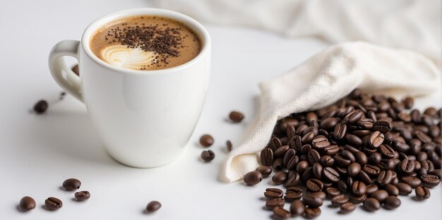 Foto sirviendo una taza de café y una bolsa de granos de café en la mesa