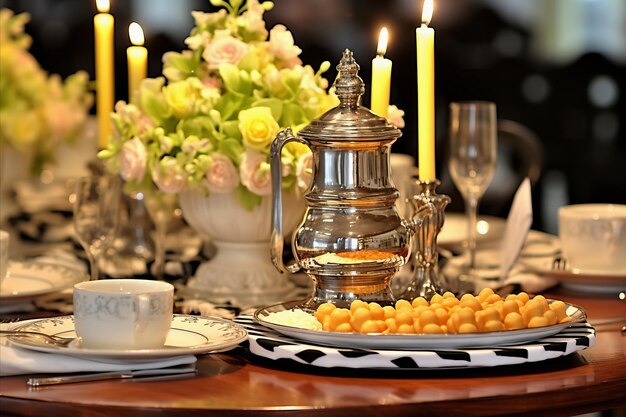 Se sirvió una mesa de cena decorada con velas encendidas en hermosos candelabros y un jarrón de flores