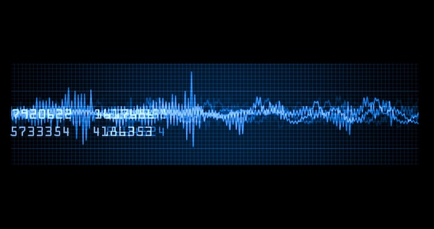Sismograma Forma de onda Osciloscópio espectrograma azul Equalizador musical Onda sonora ECG de emergência Monitoramento azul brilhante Neon pulso cardíaco eletrocardiograma batimento cardíaco ecrã digital em close-up