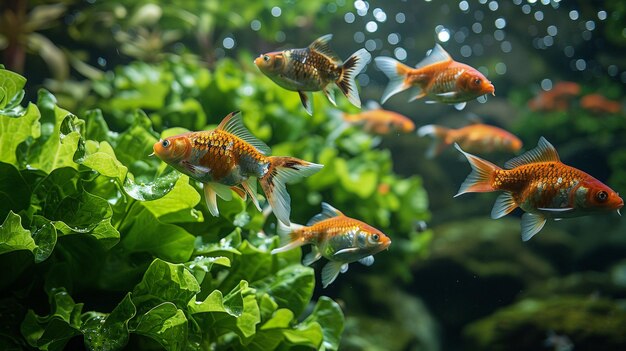 Sistema acuapónico con fondo de lechuga de pescado Koi