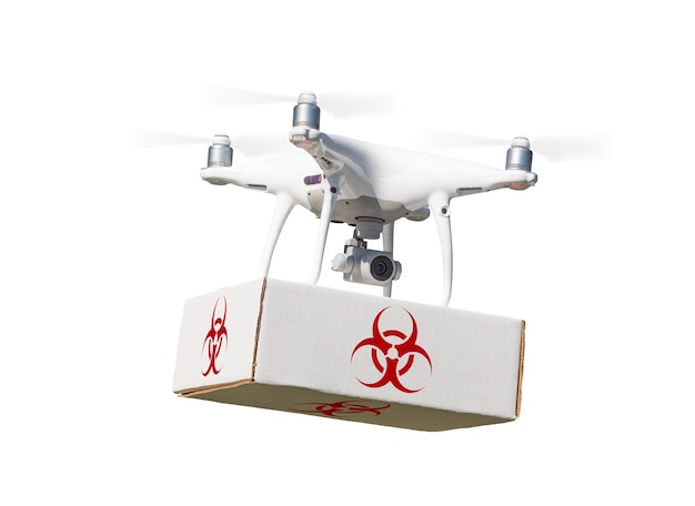 Sistema de aeronaves no tripuladas UAV Quadcopter Drone que lleva un paquete con etiqueta de símbolo de peligro biológico en blanco