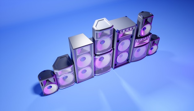 Sistema de altavoces azul sobre un fondo azul con iluminación púrpura, ilustración 3d