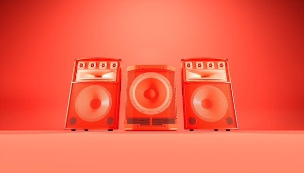 Sistema de altavoces rojo sobre fondo rojo, ilustración 3d