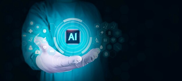 Sistema de aprendizaje de IA en ciencia y medicina médico con procesador de AI fondo negro