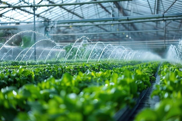 Sistema automático de riego de plantas verdes vibrantes en un invernadero de alta tecnología