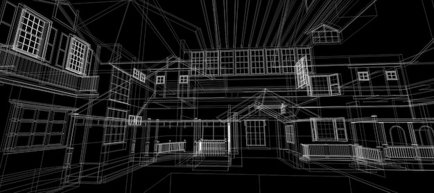 Sistema de automatización de la casa inteligente tecnología inteligente digital arquitectura de fondo abstracto interior construcción de estructura alámbrica 3d sobre fondo negro