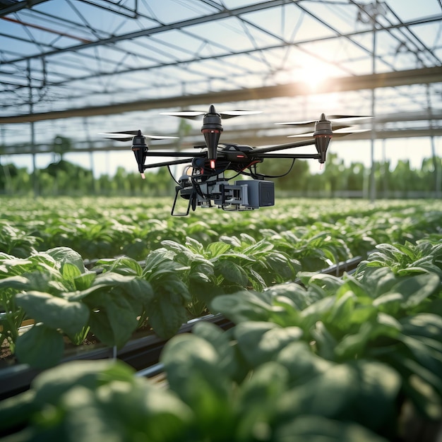 Sistema automatizado de protección de cultivos Granja futurista con dispositivos y maquinaria equipados con sensores
