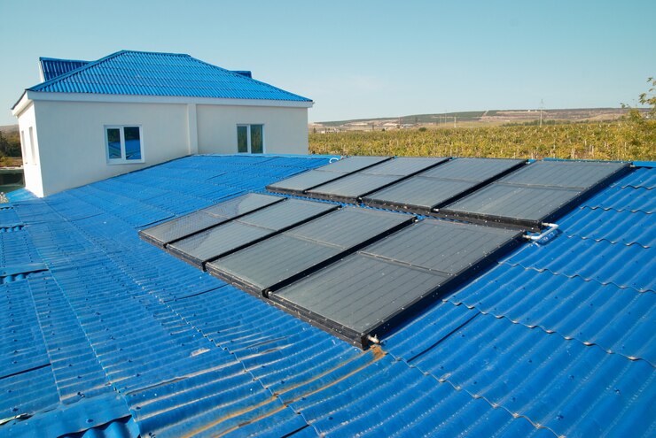 Sistema de calentamiento de agua solar en el techo de la casa.