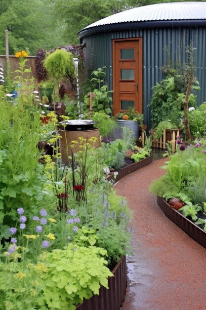 Sistema de captación de agua de lluvia en un jardín creado con IA generativa