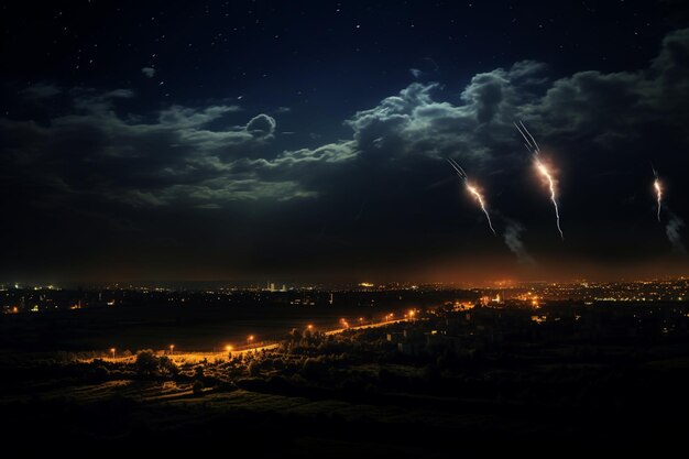 Foto sistema de cúpula de hierro en el cielo nocturno durante las operaciones militares israelíes