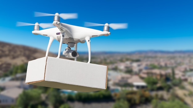 Sistema de aeronave não tripulada (UAS) Quadcopter Drone carregando pacote em branco sobre a vizinhança