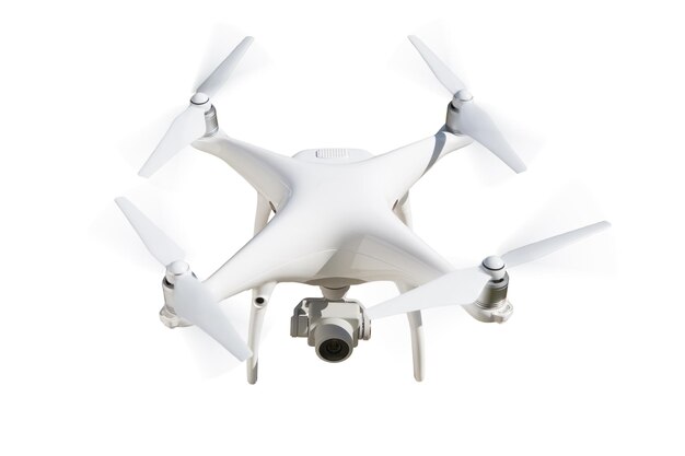 Sistema de aeronaves não tripuladas (UAV) Quadcopter Drone Isolado em White