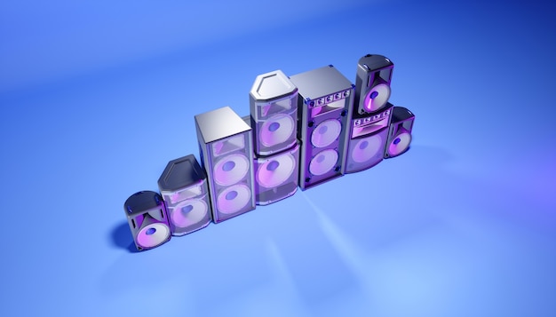 Sistema de alto-falantes azul em um fundo azul com iluminação roxa, ilustração 3D