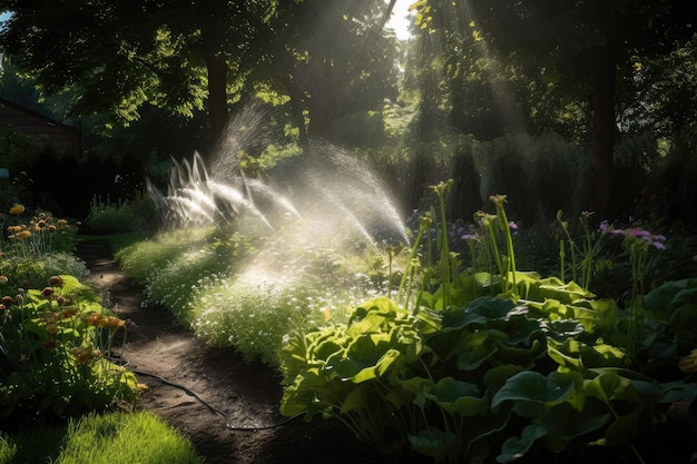 Sistema de aspersão regando jardim exuberante com sol brilhando através da folhagem