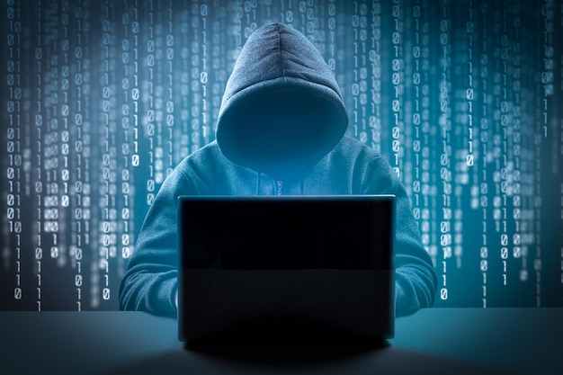Sistema de ataque cibernético quebra e malware Hacker de computador anônimo com capuz sem rosto Conceito de hacking e malware Homem sem rosto com capuz com laptop no escuro