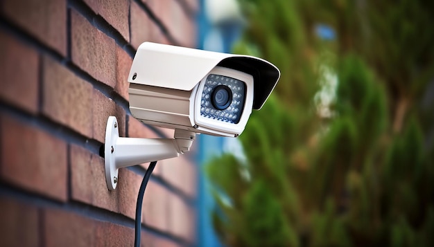 Sistema de câmera de segurança CCTV sendo usado para fins de vigilância colocado em uma parede de tijolos com cópia