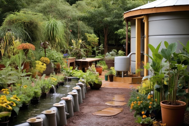Sistema de captação de água da chuva em um jardim sustentável
