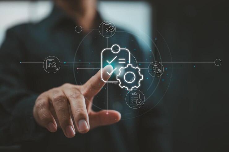 Foto sistema de controle de qualidade o toque do dedo ativa um sistema de lista de verificação que representa o rastreamento do desempenho