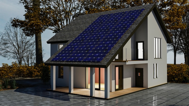 Sistema de energia solar 3d com painéis solares fotovoltaicos no telhado da casa. 3d rendem.