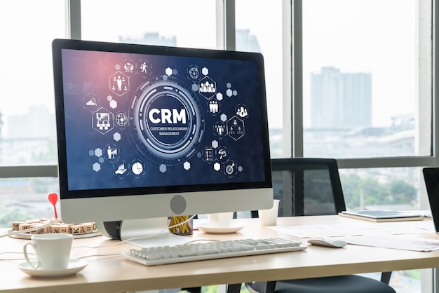 Sistema de gerenciamento de relacionamento com o cliente em um computador moderno para negócios de CRM
