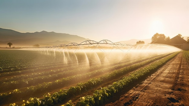 Sistema de irrigação agrícola Sistema agrícola automatizado com grandes aspersores de irrigação pulverizando água no campo de batata Generative Ai