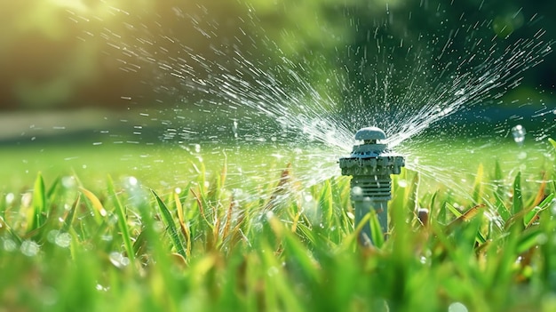 Sistema de irrigação de jardim gramado Aspersor de gramado automático regando grama verde Foco seletivo Generative Ai