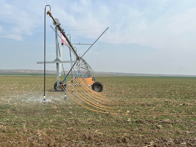 Sistema de irrigação irrigando o campo com jato de água de alta pressão