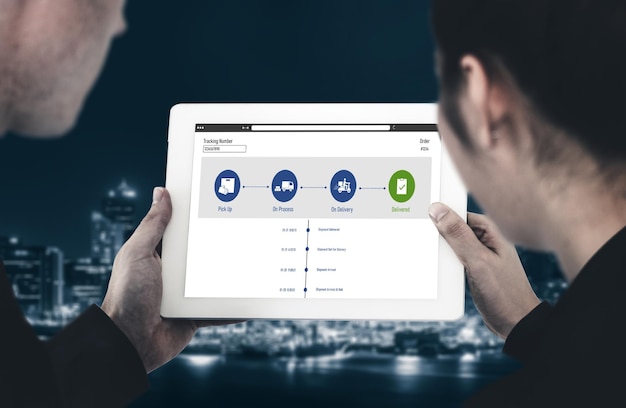 Sistema de rastreamento de entrega para comércio eletrônico e negócios on-line modernos para transporte e entrega de mercadorias em tempo hábil