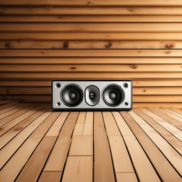 Sistema de som com fundo de madeira