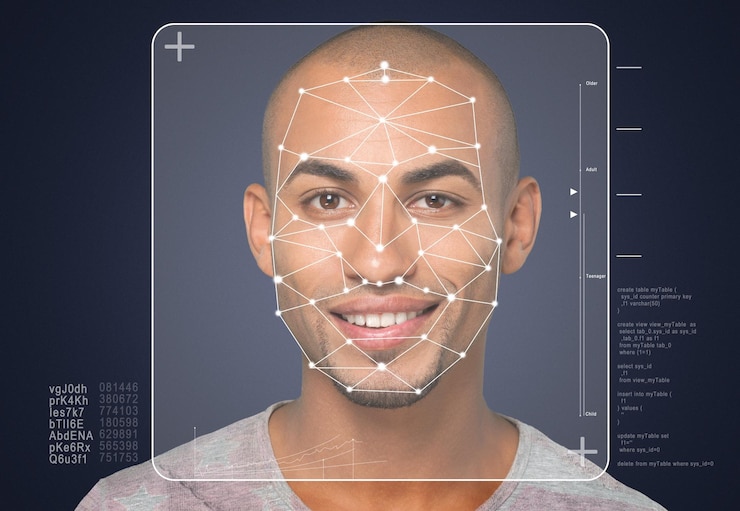 Foto sistema de detección de rostros o reconocimiento facial con rostro de hombre