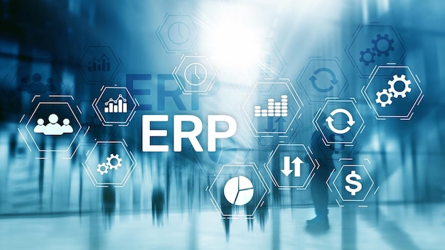 Sistema ERP Planejamento de recursos empresariais em fundo desfocado Automação de negócios e conceito de inovação