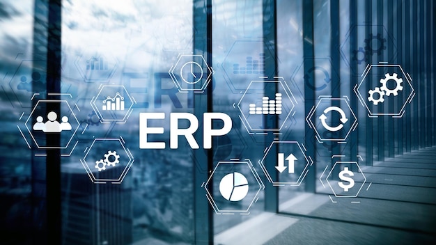 Sistema ERP Planejamento de recursos empresariais em fundo desfocado Automação de negócios e conceito de inovação