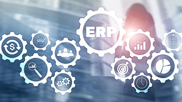 Sistema ERP Planejamento de recursos empresariais em fundo desfocado Automação de negócios e conceito de inovação