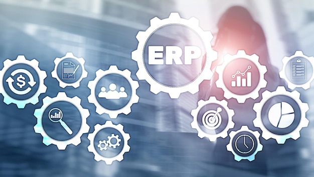 Foto sistema erp planejamento de recursos empresariais em fundo desfocado automação de negócios e conceito de inovação