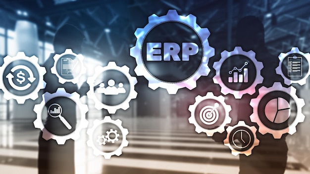Sistema ERP Planificación de recursos empresariales sobre fondo borroso Concepto de automatización e innovación empresarial