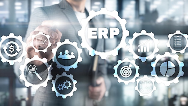 Sistema ERP Planificación de recursos empresariales sobre fondo borroso Concepto de automatización e innovación empresarial
