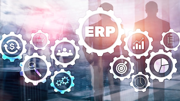 Sistema ERP Planificación de recursos empresariales sobre fondo borroso Concepto de automatización e innovación empresarial