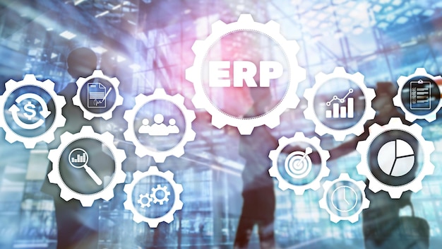 Sistema ERP Planificación de recursos empresariales sobre fondo borroso Concepto de automatización e innovación empresarial