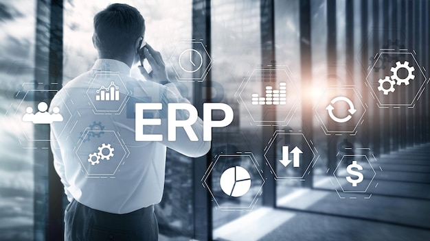 Sistema ERP Planificación de recursos empresariales sobre fondo borroso Concepto de automatización e innovación empresarial