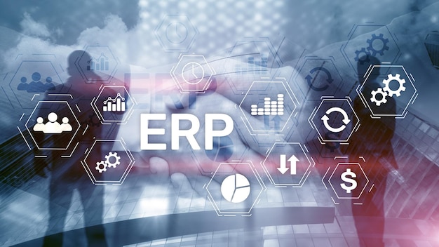 Sistema ERP Planificación de recursos empresariales sobre fondo borroso Concepto de automatización e innovación empresarial