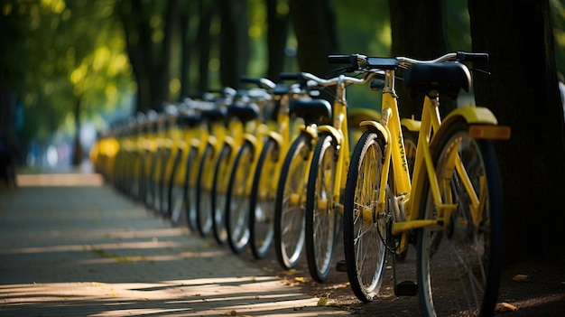 Foto sistema generativo de intercambio de bicicletas de ia muchas bicicletas amarillas de la ciudad estacionadas ecología saludable transporte urbano