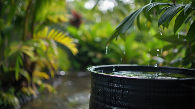 Sistema generativo de recolección de agua de lluvia de IA en el jardín con concepto ecológico de barril